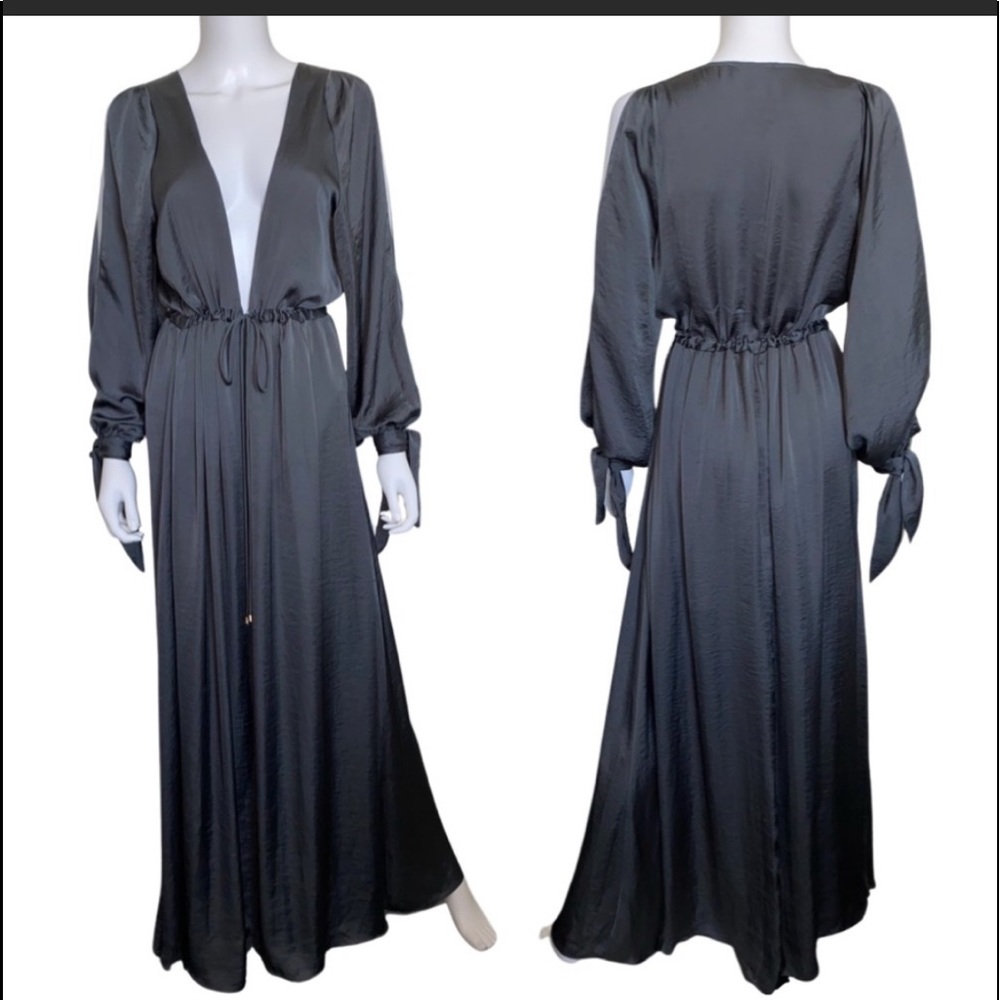 Lulu’s Gray Satin Deep V Neck Cutout Long Sleeve Gathered Waist Maxi Dress